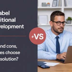 Graphic showing the differences between white label web development and traditional web development, highlighting features, costs, and flexibility for decision-making