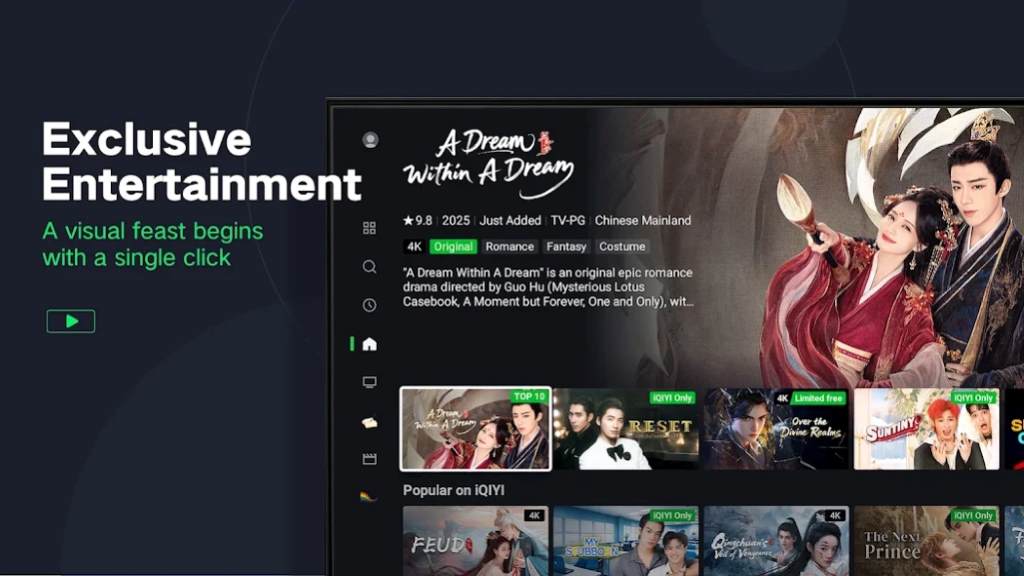 Vibrant screenshot of iQIYI app interface on a tablet, displaying a Chinese drama episode with subtitles and play controls.