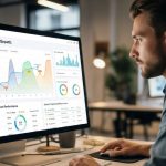 Digital marketer analyzing colorful data dashboard showing organic traffic growth from content experiments on computer screen