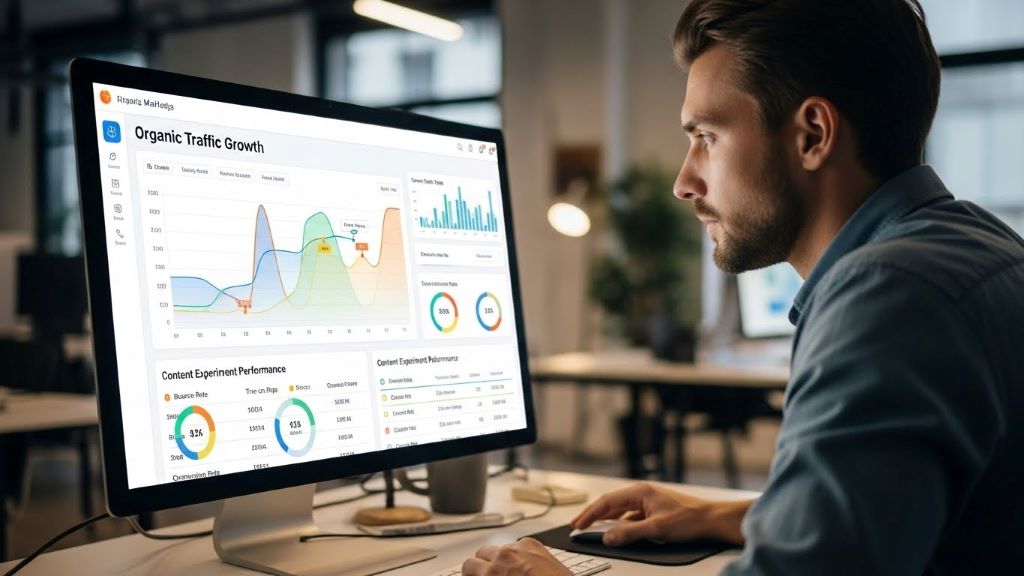 Digital marketer analyzing colorful data dashboard showing organic traffic growth from content experiments on computer screen