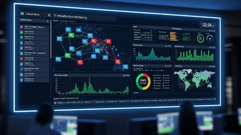 Real-time IT infrastructure monitoring dashboard displaying system performance metrics and alerts