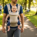 Parent carrying smiling baby in ergonomic carrier during park walk, showcasing secure M-position for hip health