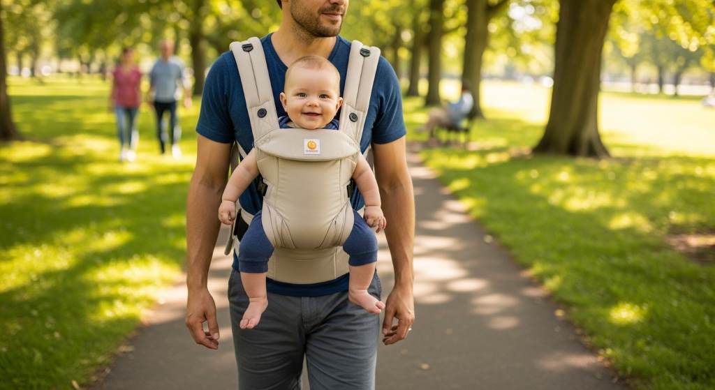 Parent carrying smiling baby in ergonomic carrier during park walk, showcasing secure M-position for hip health