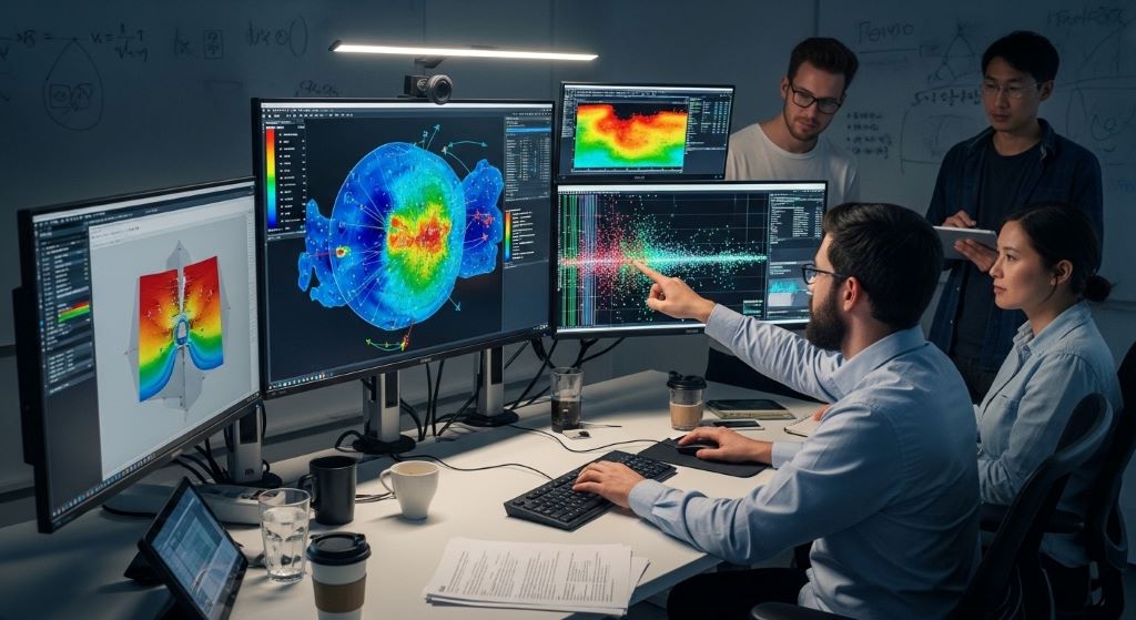 Research team evaluating scientific visualization software performance with large dataset displayed on multiple monitors workstation
