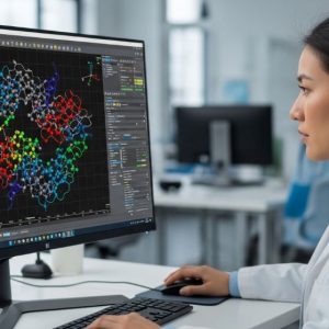 Scientist analyzing 3D molecular structure visualization on computer screen showing complex protein modeling software interface