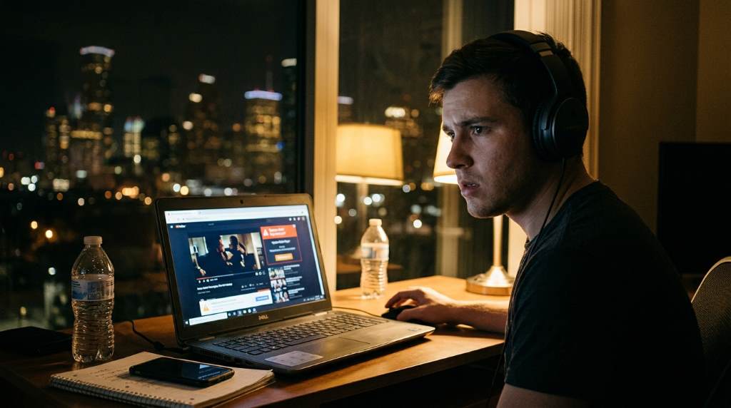 Person in Houston using laptop with warning pop-ups from free streaming site in humid room