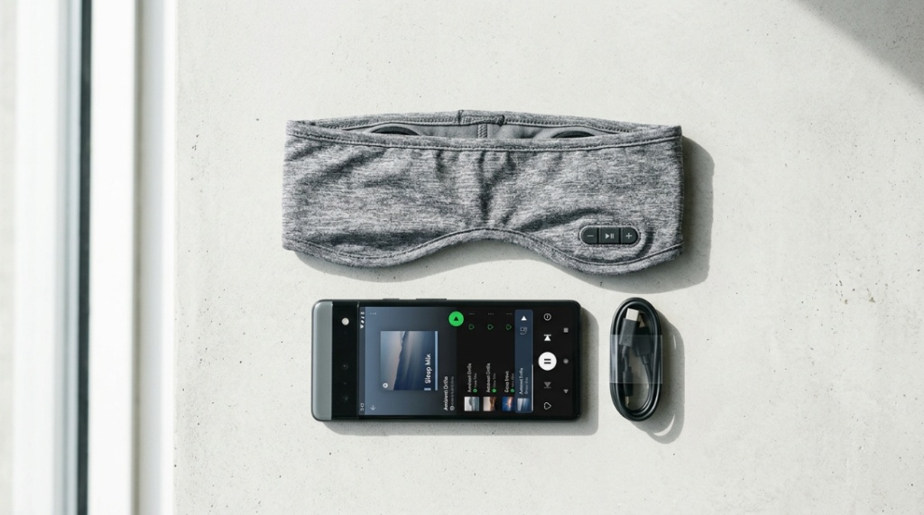 Flexible fabric headband sleeping headphones laid flat next to a smartphone.