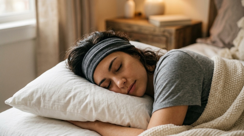 A person sleeping peacefully at night while wearing noise-reducing sleep headphones.