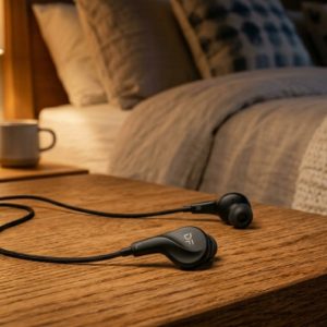 Flat sleeping earbuds resting on a wooden nightstand under warm lamp light.