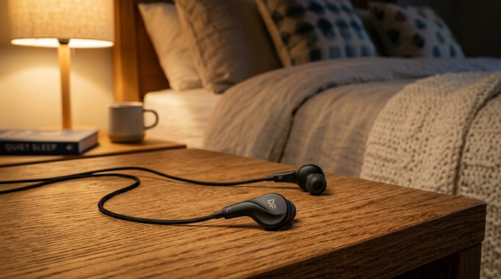 Flat sleeping earbuds resting on a wooden nightstand under warm lamp light.