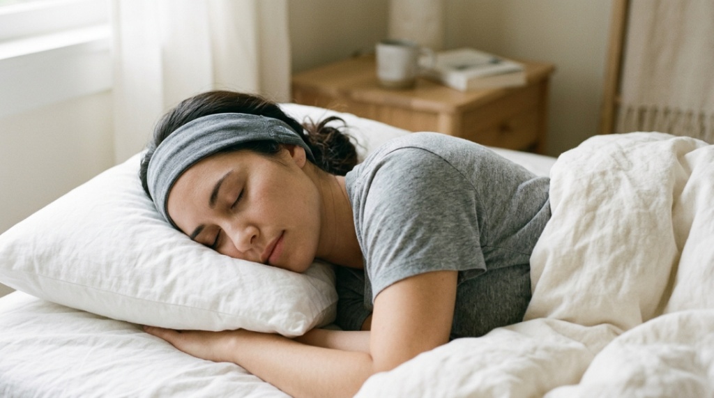 Person sleeping peacefully on their side wearing low-profile headphones.
