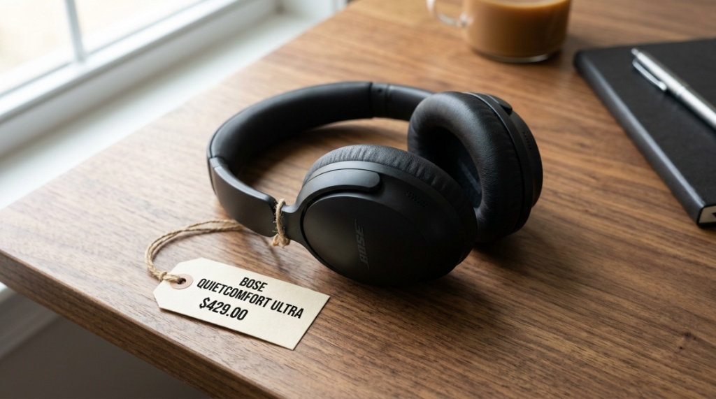 Premium Bose headphones resting on a wooden desk.