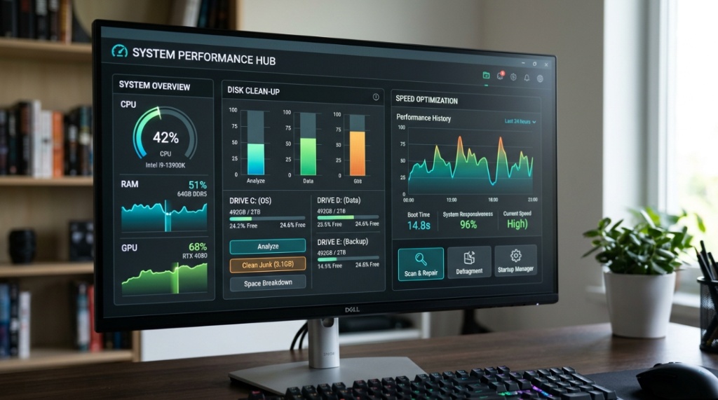 Computer screen displaying software performance scan results and optimization charts.