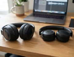 JBL Tune over ear and on ear headphones side by side on desk.