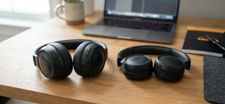 JBL Tune over ear and on ear headphones side by side on desk.