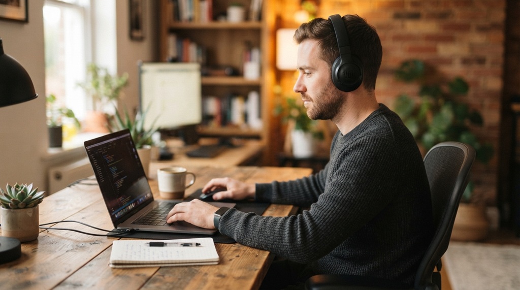Man wearing black JBL Tune headphones while working at desk.